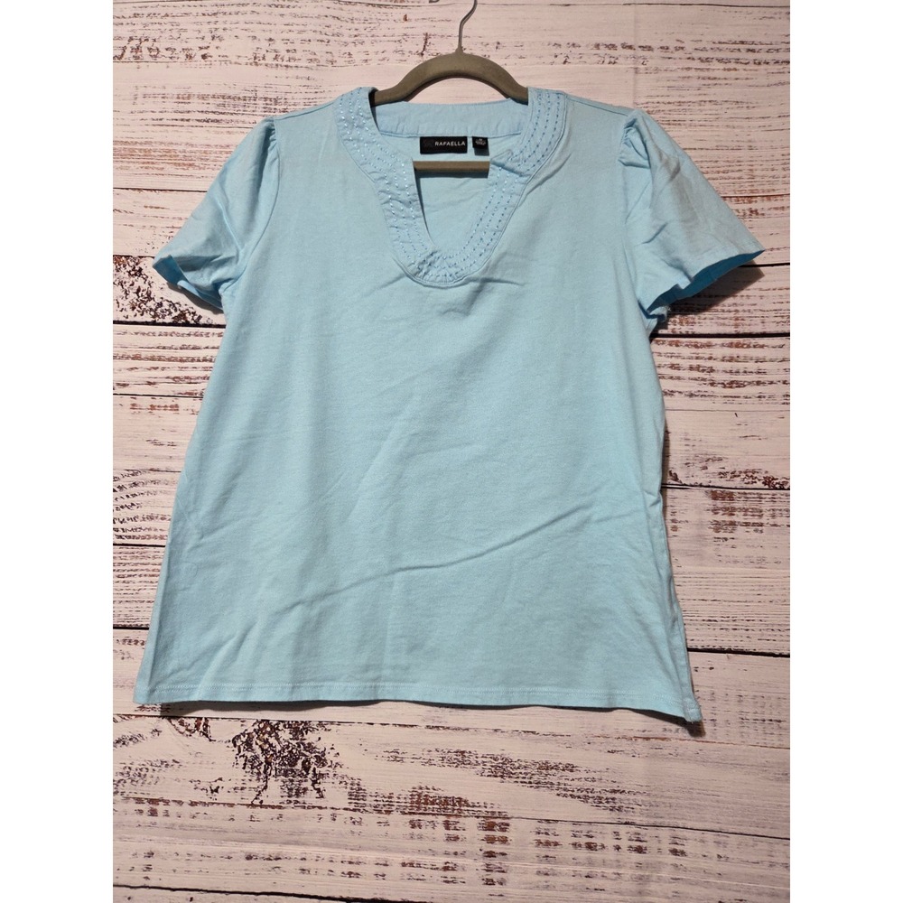 Rafaella Women Light Blue Cotton Split Neck Beaded Puff Sleeve Top M Minimalist